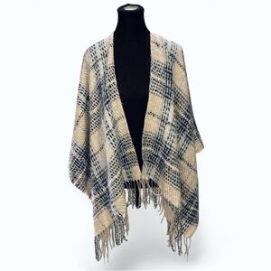 Lightweight Fringe Plaid Cream and Blue Soft Shawl